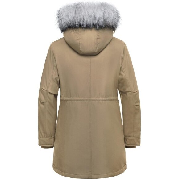 Women's Winter Khaki Faux Fur Hood Jacket Coat Zip Up Flap Pockets Designed - Picture 2 of 6